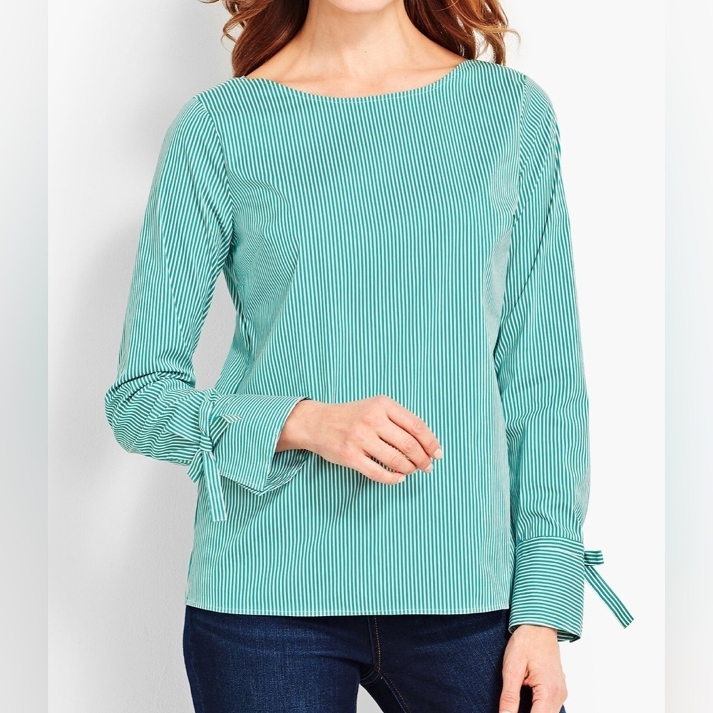 Talbots Green Striped Tie Sleeve Poplin Popover Blouse Button Back Cotton SZ M P